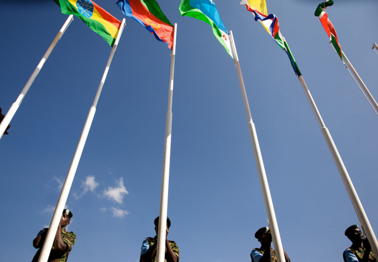 The East African Standby Brigade raises the flags of thirteen East African Nations.