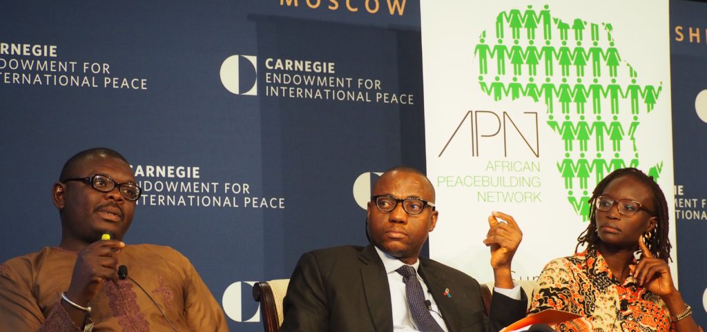 Jimam Lar, Joel Nwokeoma, and Amy Niang on the dais at the Conference on Militancy and Conflict in the Sahel and Maghreb