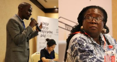 Admire Mare (left) and Audrey Gadzekpo (right) at the Word Press Freedom Day Academic Conference in Accra.